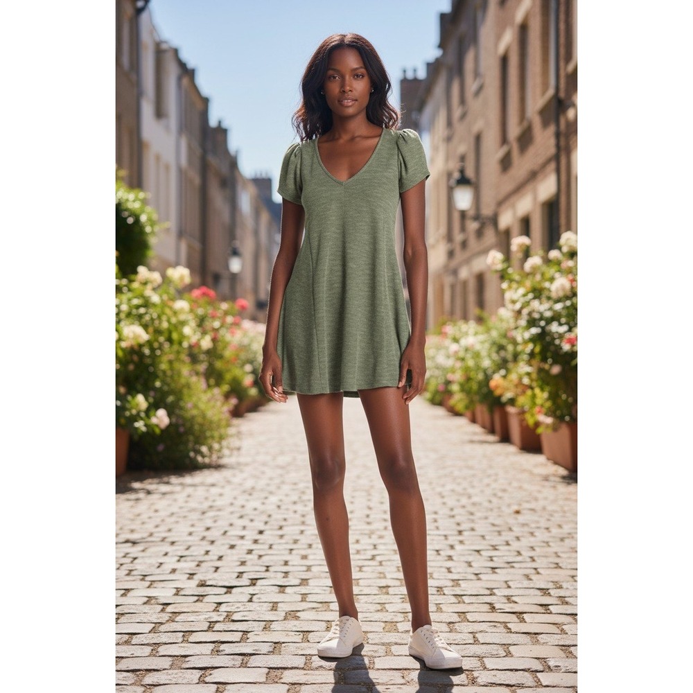 Velvet Torch Dress Womens Large Sage Green‎ Mini Puff Sleeve Ribbed Cottagecore